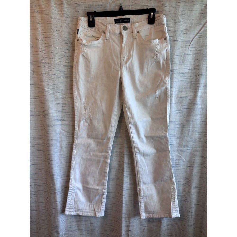 Rock & Republic Womens White Distressed Cropped Straight Leg Jeans Size 10